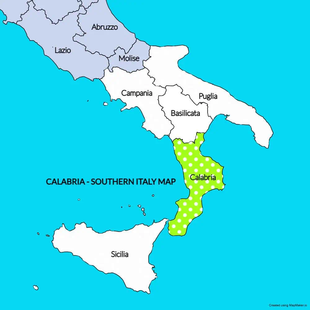 Map of Calabria region in Southern Italy with highlighted area