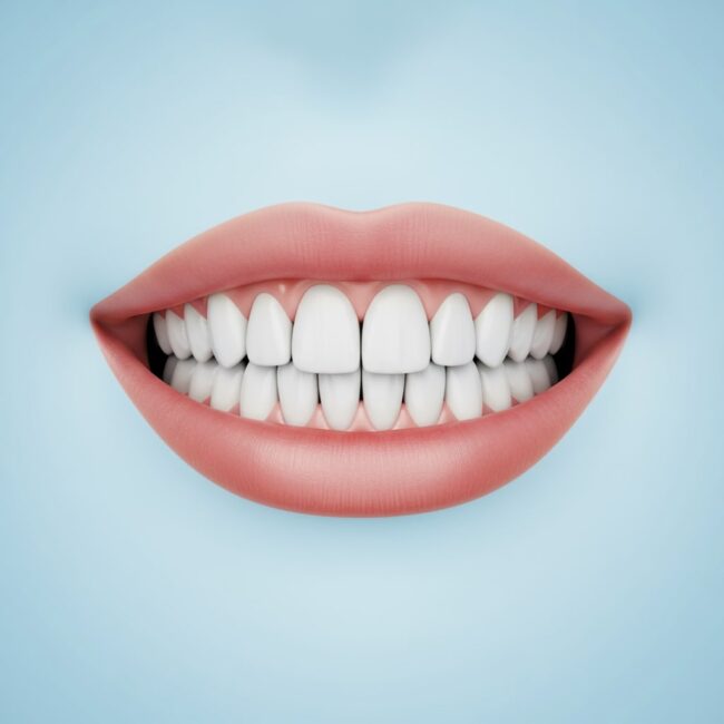 A digital illustration of a smiling mouth with white, straight teeth and full pink lips, representing dental health and cosmetic dentistry services at Heritage Dental Centre in Edmonton.
