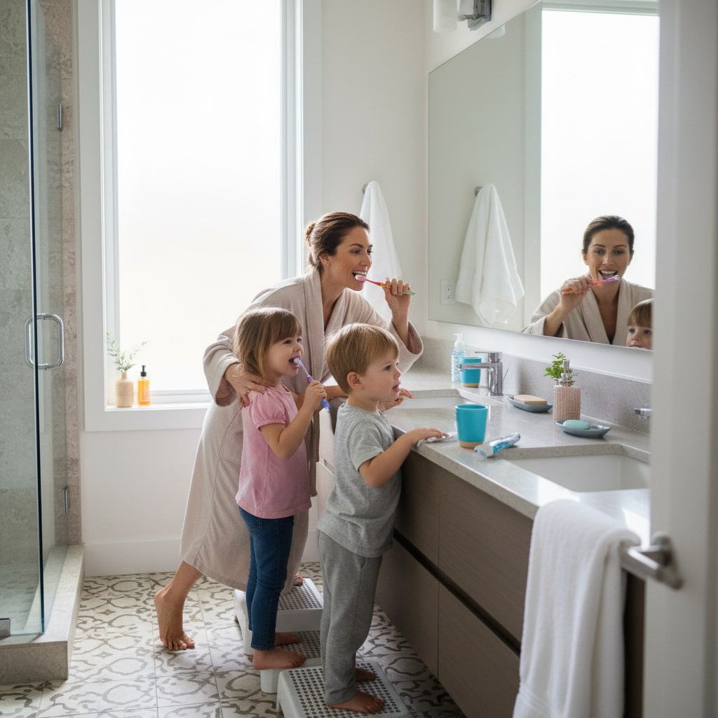 Bright family at Heritage Dental Centre brushing teeth in a modern bathroom, emphasizing dental health, family dentistry, and oral hygiene services in Edmonton.