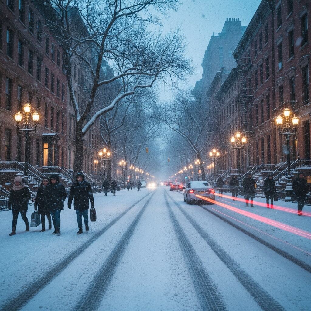 Snowy city street in Edmonton with pedestrians and illuminated street lamps, showcasing a winter urban scene.