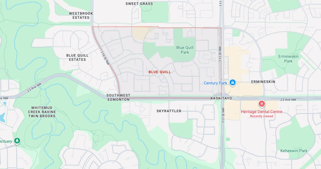 Heritage Dental Centre location map in Edmonton, Alberta, showing proximity to parks and neighborhoods, emphasizing expert dental care and patient-centered services in the Edmonton area.