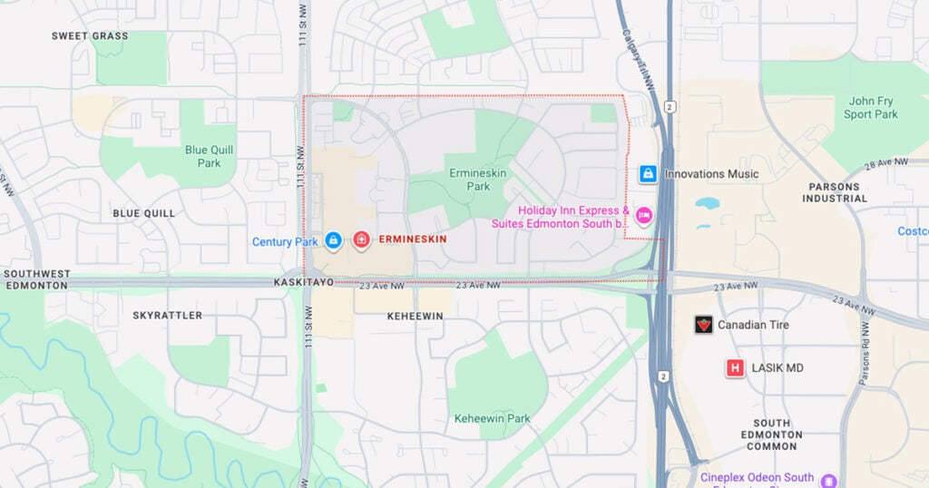 Blue Quill Park and surrounding residential neighborhoods in Edmonton, Alberta, with local landmarks such as Century Park and Keheewin Park visible on the map.