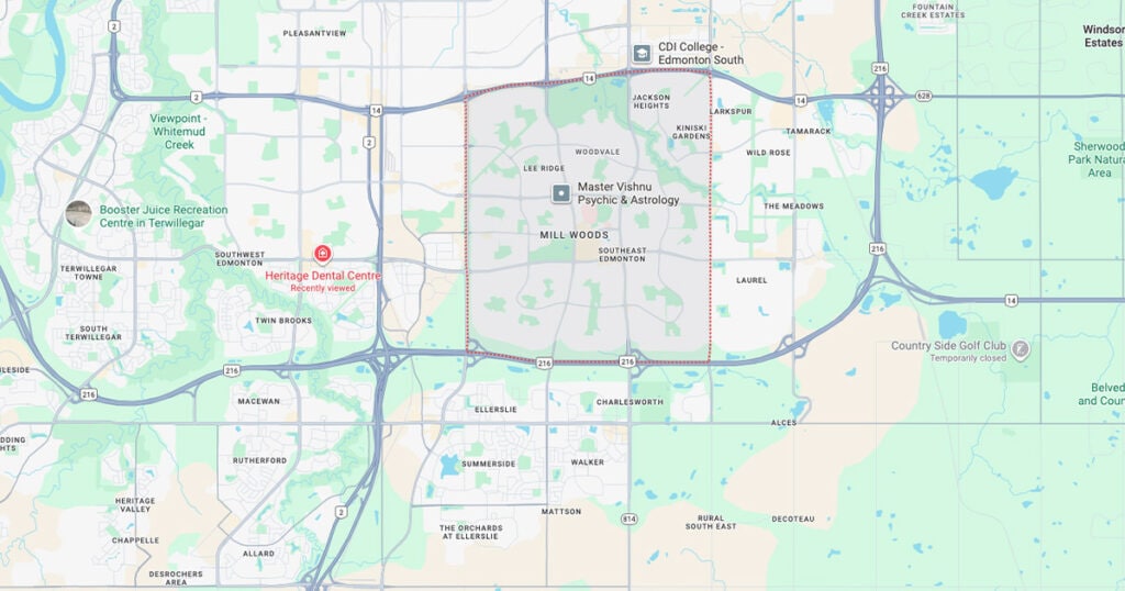 Heritage Dental Centre logo on map, located in Edmonton, providing comprehensive dental services including family, cosmetic, and emergency dentistry.