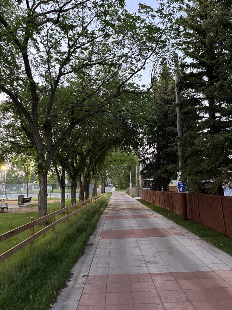 Lush green trees lining a paved sidewalk in a serene neighborhood area near Heritage Dental Centre, Edmonton, featuring a park and residential surroundings.