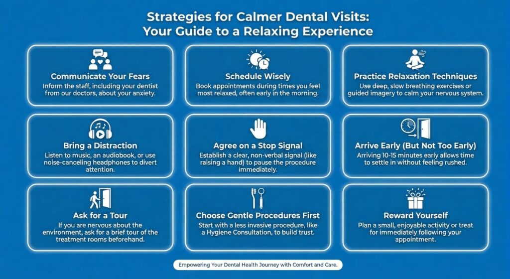 Relaxing dental visit strategies for anxiety relief.