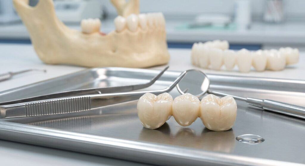 Close-up of dental prosthetic crowns on a metal tray with dental tools, dental model in background, in a dental office setting.