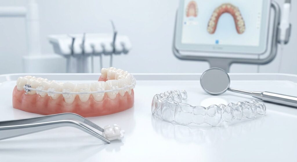 Orthodontic appliances, clear braces, dental mirror, and teeth impressions for smile correction and teeth straightening.