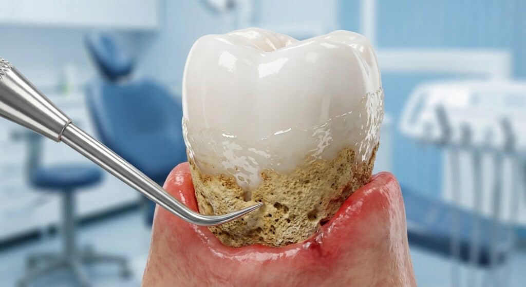 Close-up of a dental procedure with a dental tool holding a tooth model showing decay and a crown, in a modern dental office.