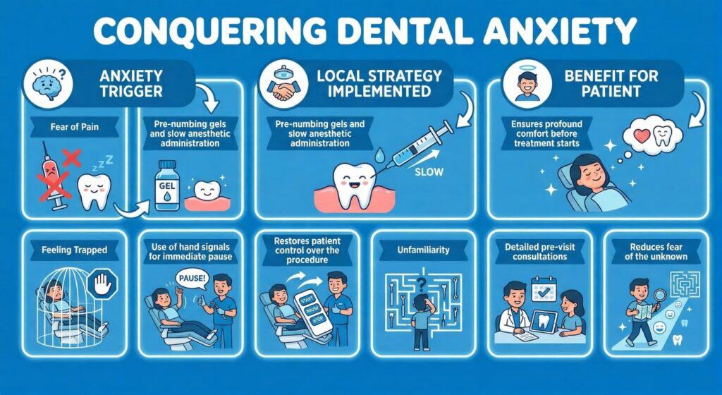 A comprehensive infographic outlining strategies to reduce dental anxiety through local anesthesia, pre-numbing gels, and patient comfort measures.