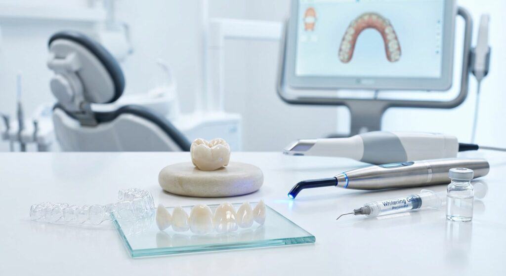 Advanced dental equipment with dental crowns, orthodontic appliances, and whitening gel on a clean, professional dental worktable.
