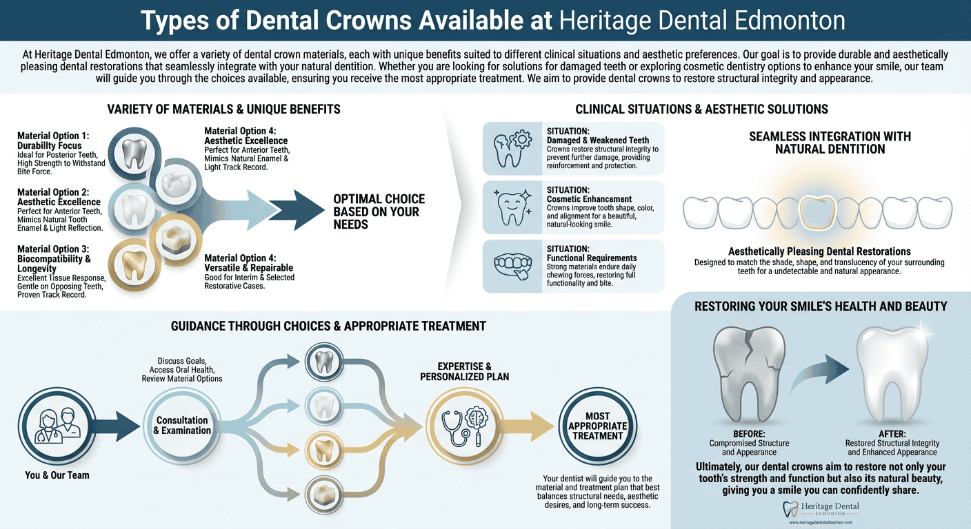 Alt text: Variety of dental crowns showing different materials including durability, aesthetic excellence, biocompatibility, and versatility for different dental needs at Heritage Dental Edmonton.