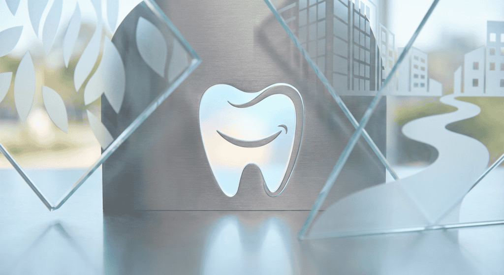 A sleek, modern sign featuring a stylized smiling tooth symbol illuminated on a metallic background, with decorative glass panels and cityscape reflections, emphasizing advanced dentistry.