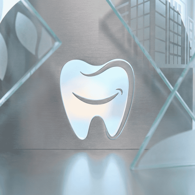 A sleek, modern sign featuring a stylized smiling tooth symbol illuminated on a metallic background, with decorative glass panels and cityscape reflections, emphasizing advanced dentistry.
