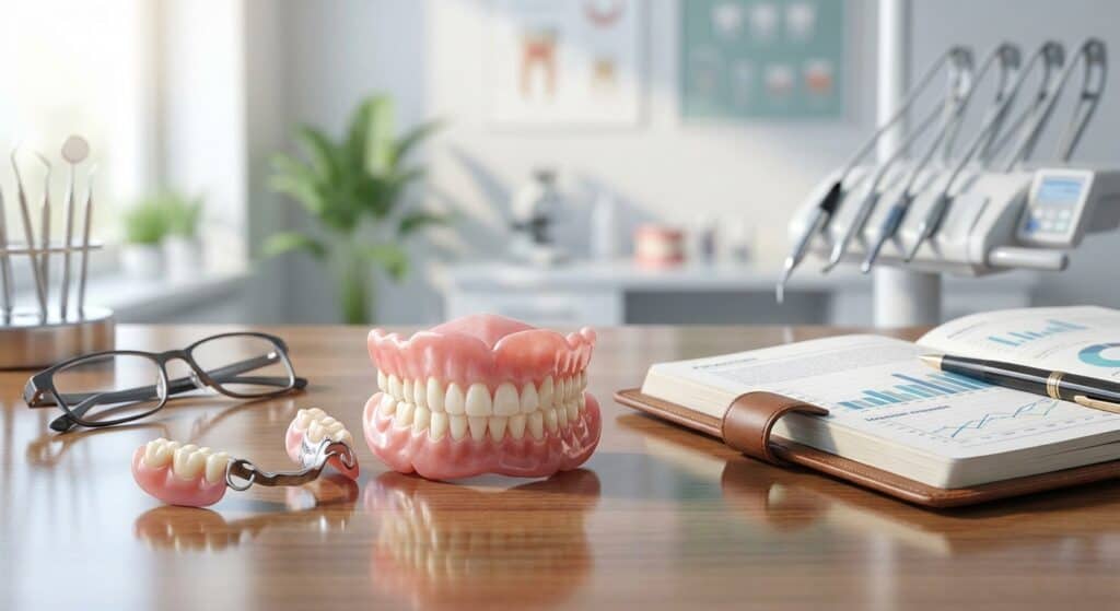 Dental prosthetics and orthodontic tools on a clinic desk.
