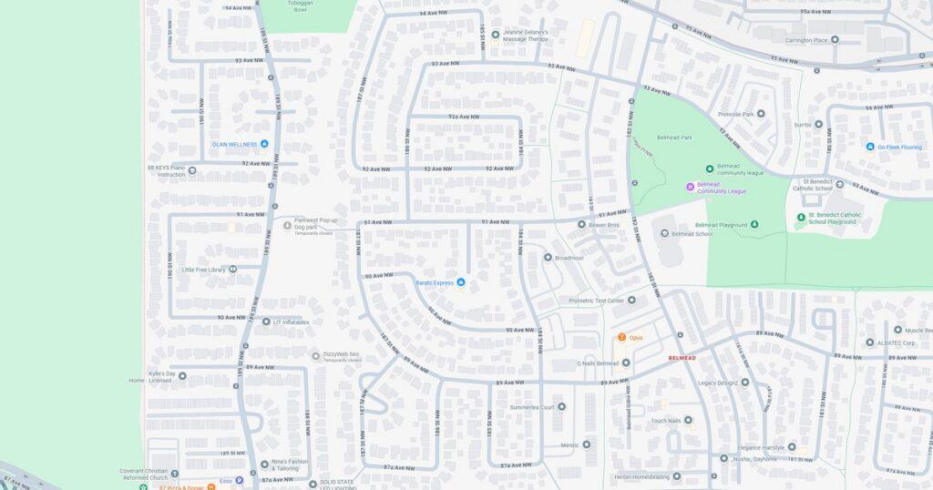 A detailed map of a suburban neighborhood showing streets, parks, and residential areas, highlighting urban planning and community layout.