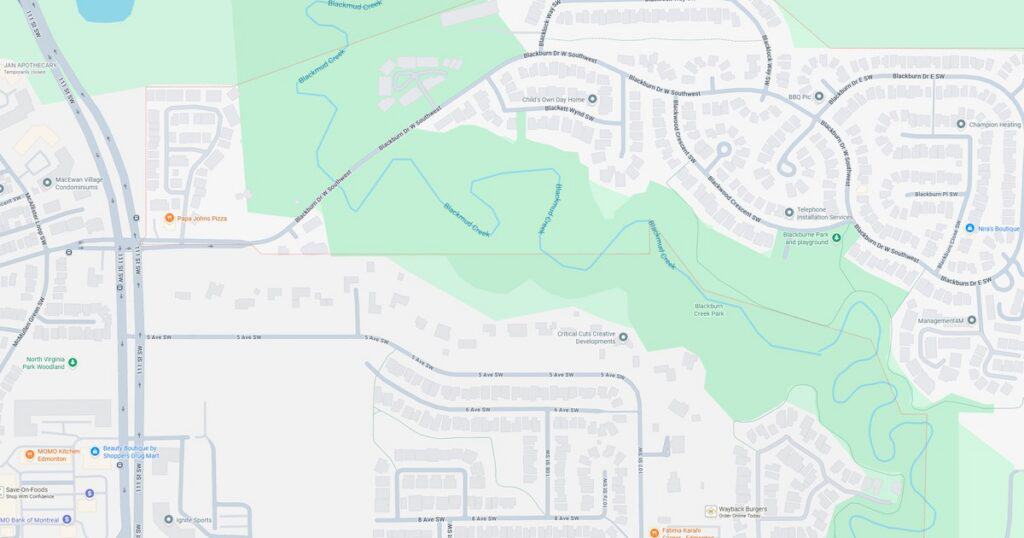 Detailed map showing streets, parks, and natural features in a suburban area.