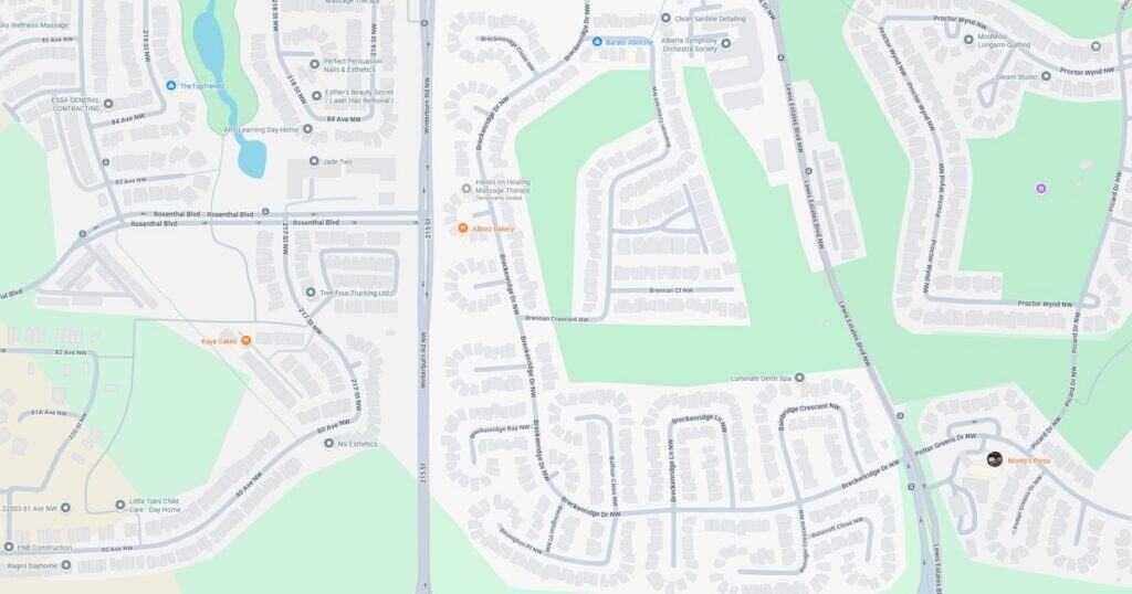 Detailed map showing residential streets, parks, and local landmarks in a suburban area.