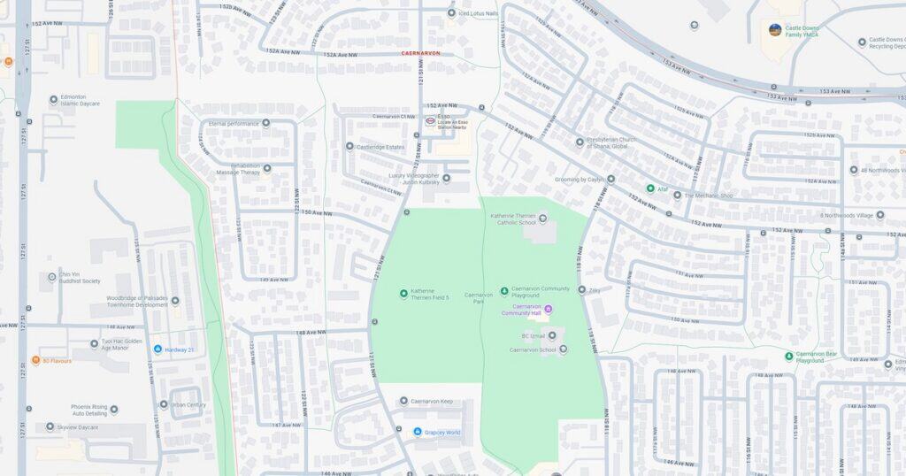 A map of a city park showing walking trails, green spaces, and surrounding residential areas, highlighting outdoor recreation and community spaces.