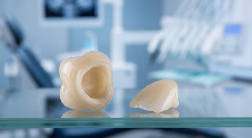Dental crowns and bridge used for restorative dental procedures, showcasing dental prosthetics in a clinical setting.