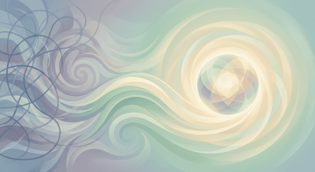 An abstract digital artwork featuring swirling light patterns and soft pastel colors, creating a calming and mystical visual effect.