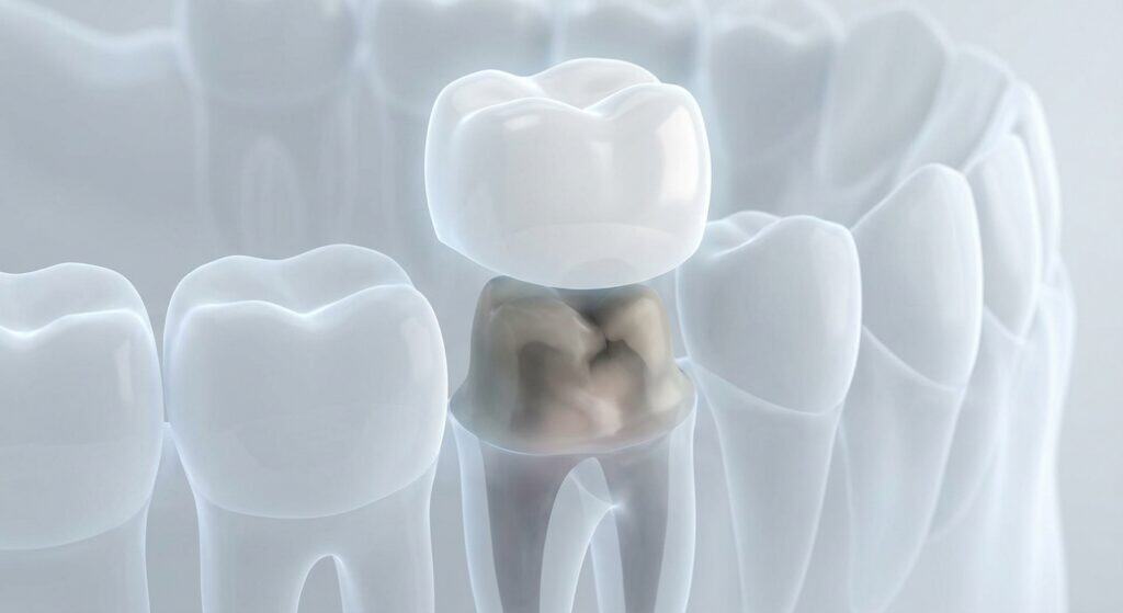 Dental crown on molar tooth, close-up view.