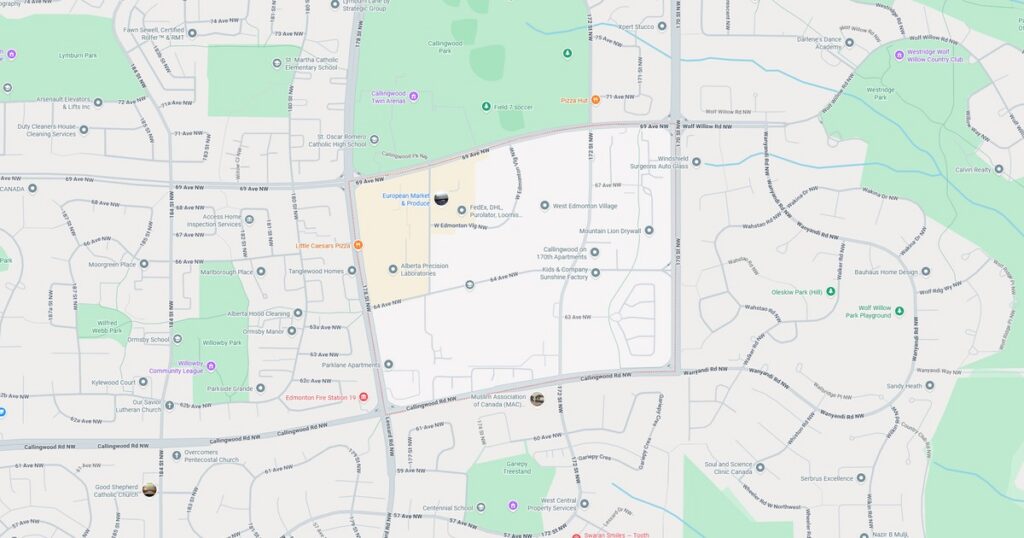 A map of a suburban neighborhood showing winding streets, parks, and residential areas with trees and green spaces.