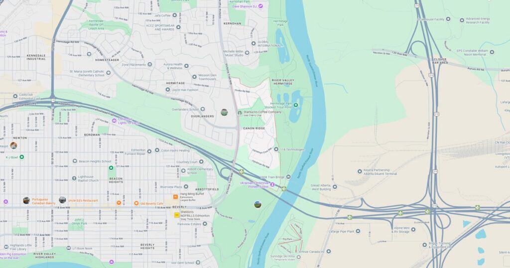 Detailed map of downtown river park area with streets, landmarks, and transportation routes.