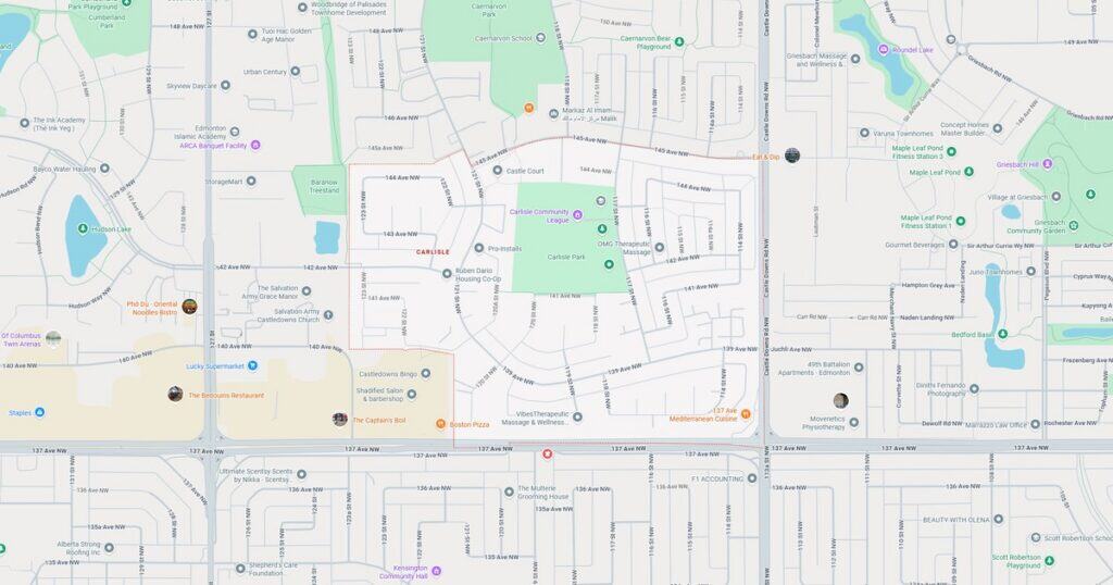 Detailed map showing streets, parks, lakes, and community facilities in a suburban residential neighborhood.