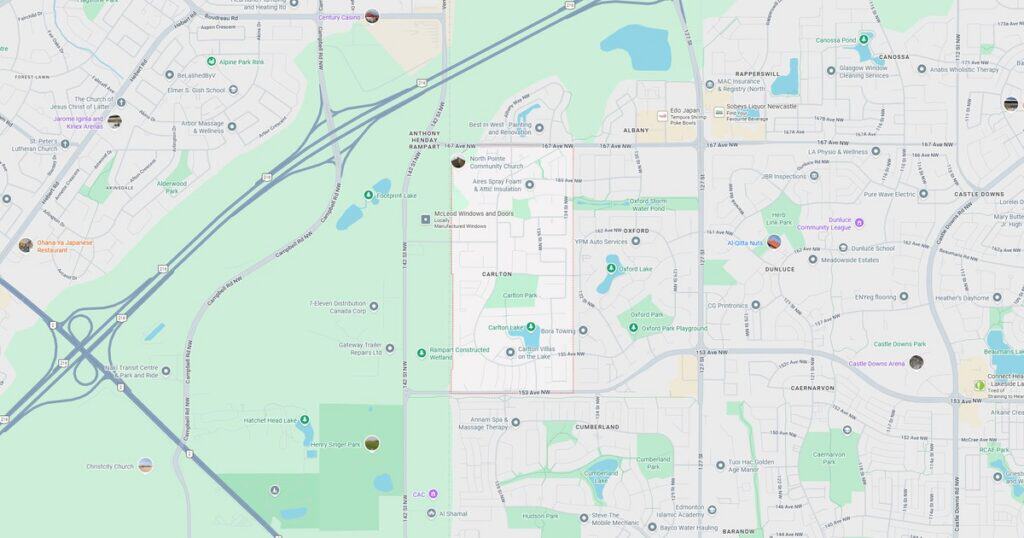 Detailed map showing streets, parks, lakes, and landmarks in a residential area.