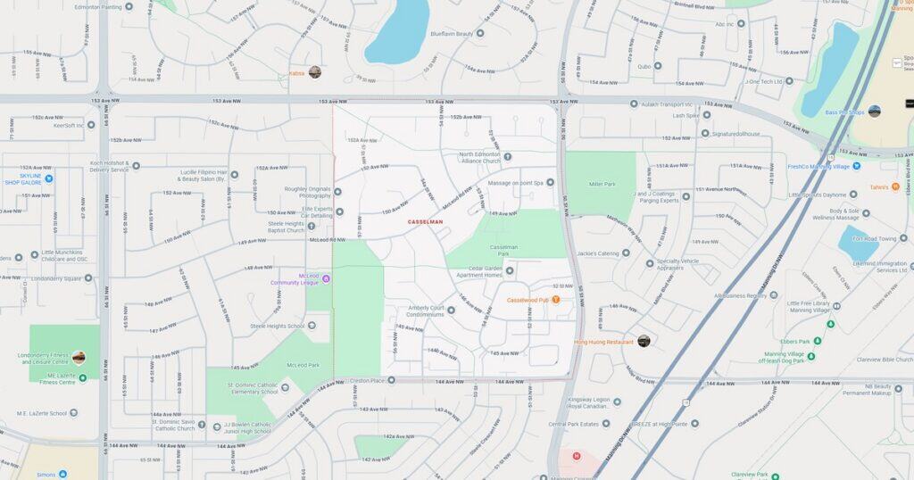 Detailed map showing residential streets, green spaces, and local landmarks in a suburban area.