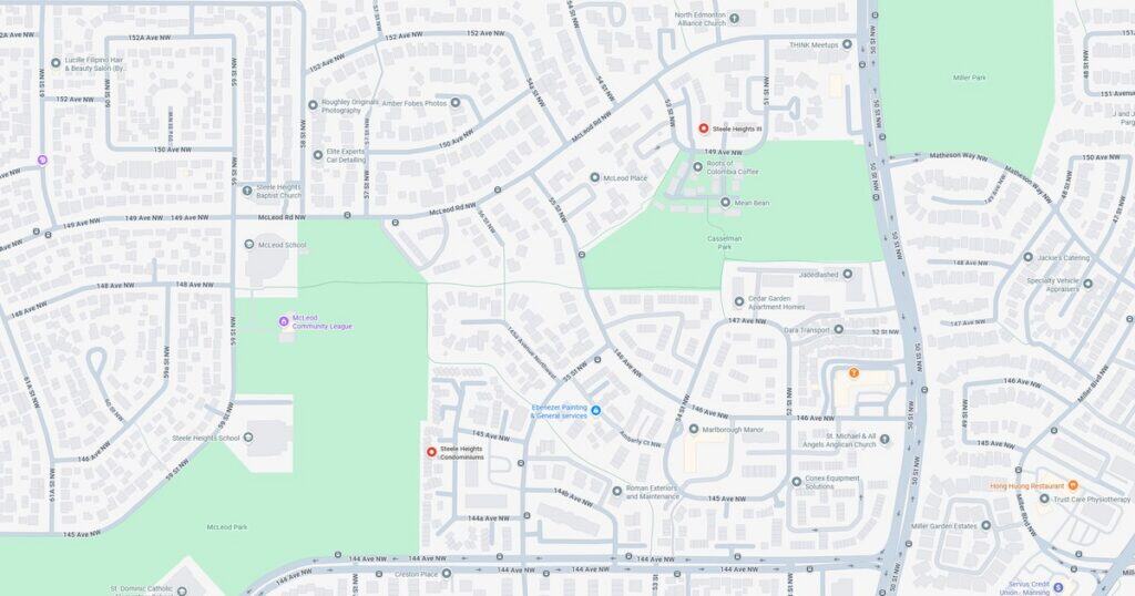 Detailed map highlighting residential areas, green spaces, and transit routes in a suburban community.