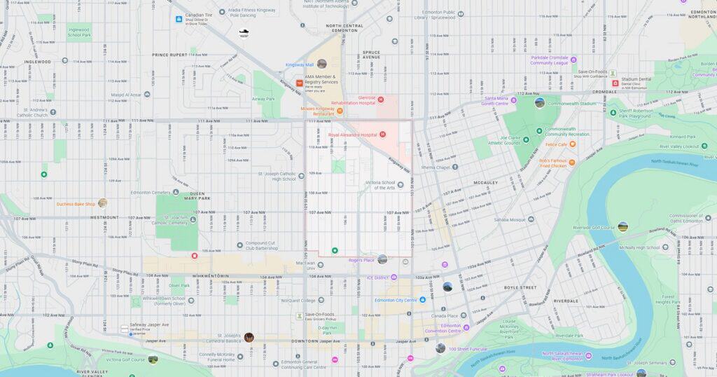 Map of downtown area showing streets, parks, and key landmarks in the city center.