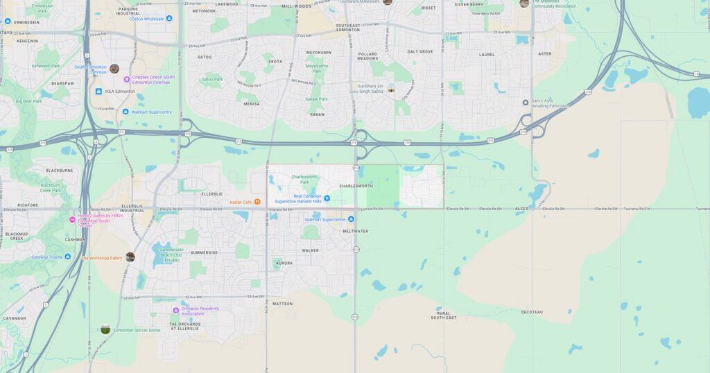 Detailed map showing roads, highways, parks, and water bodies in a suburban community.
