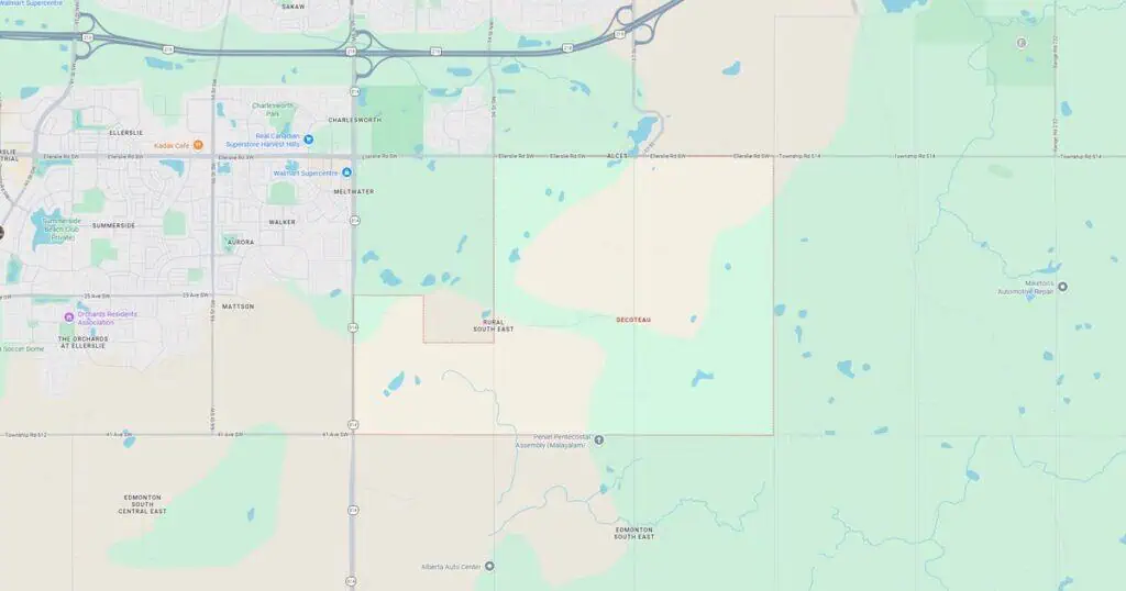 Map showing a suburban area with lakes, roads, and green spaces, highlighting residential neighborhoods and natural features.