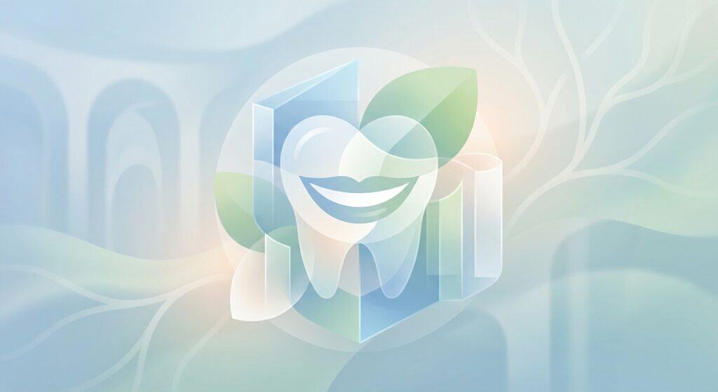 Healthy teeth with green leaves and abstract background.