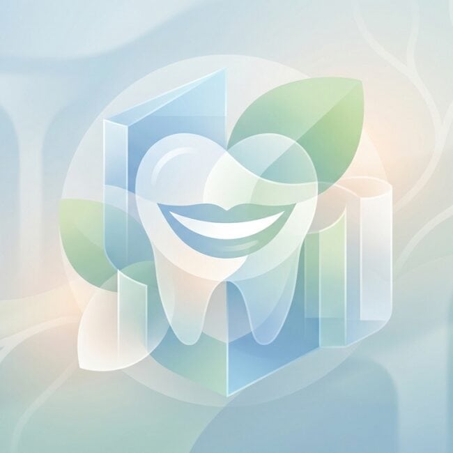 Healthy teeth with green leaves and abstract background.