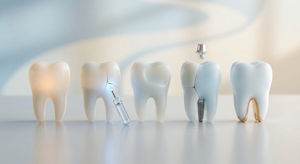 Dental implants and tooth restoration procedures with different types of artificial teeth and dental tools for healthy, functional smiles.