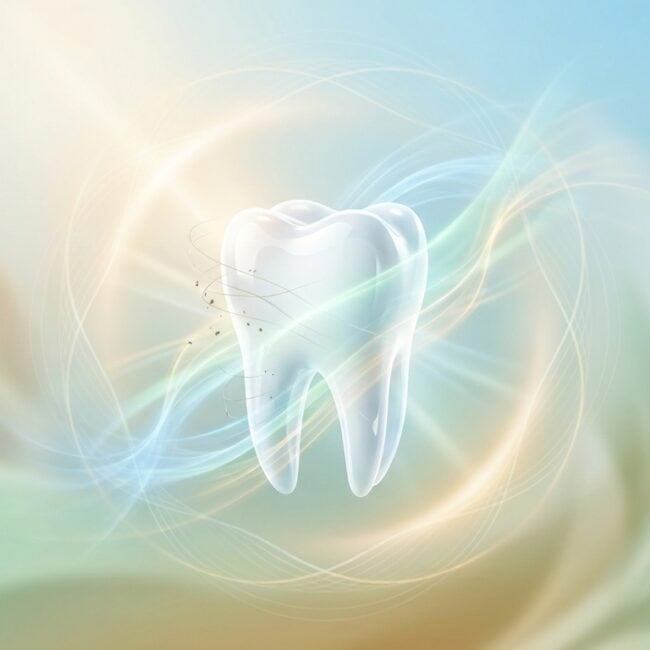 A bright, detailed image of a healthy tooth with luminous, swirling light effects emphasizing dental care and oral wellness.