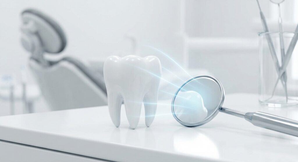 Healthy tooth model with dental mirror on a clean white dental clinic table, emphasizing oral health, dental checkup, and hygiene.