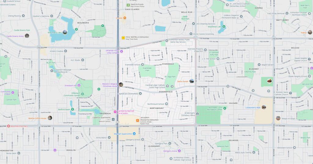 Detailed map showing streets, parks, lakes, and residential areas in a suburban community.