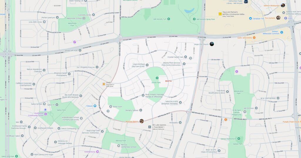 Map of a residential neighborhood highlighting parks, streets, and local landmarks.