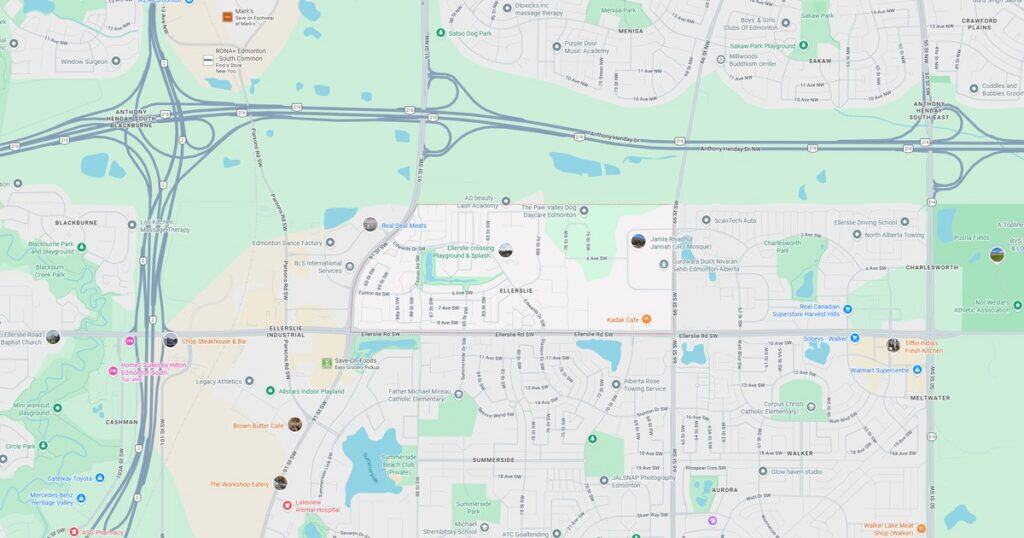 Detailed map of city parks, roads, and landmarks highlighting green spaces, water bodies, and transportation routes in the urban area.