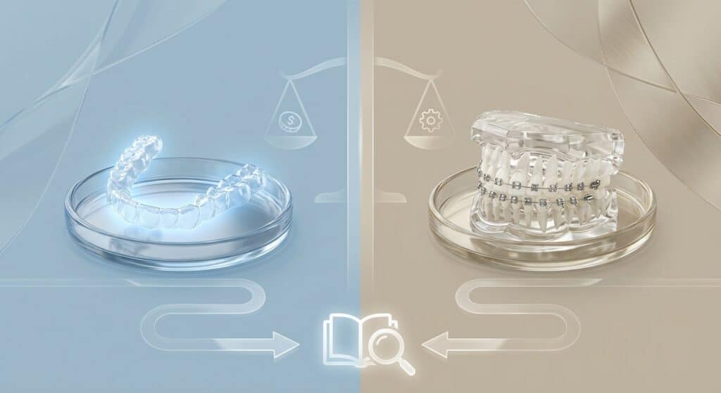 Clear dental aligners and traditional braces displayed in a comparative setup.