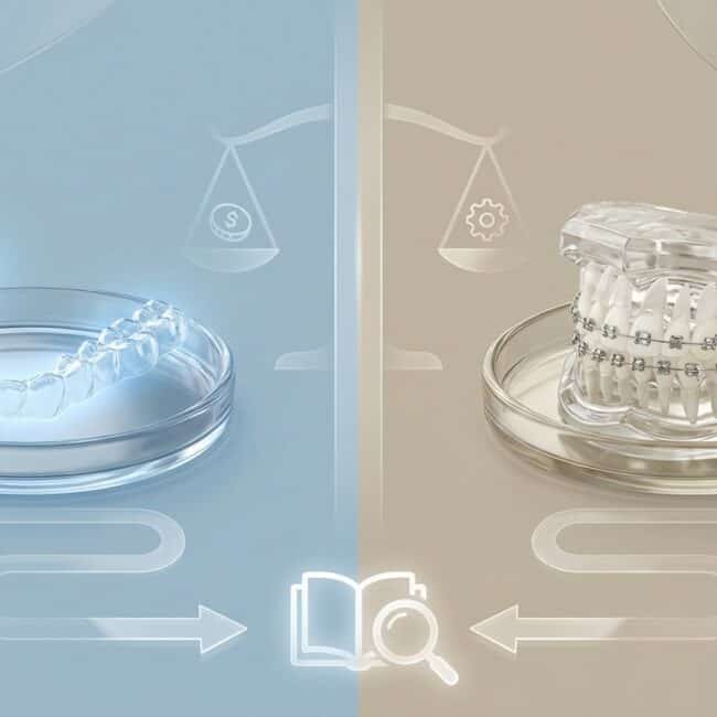 Clear dental aligners and traditional braces displayed in a comparative setup.