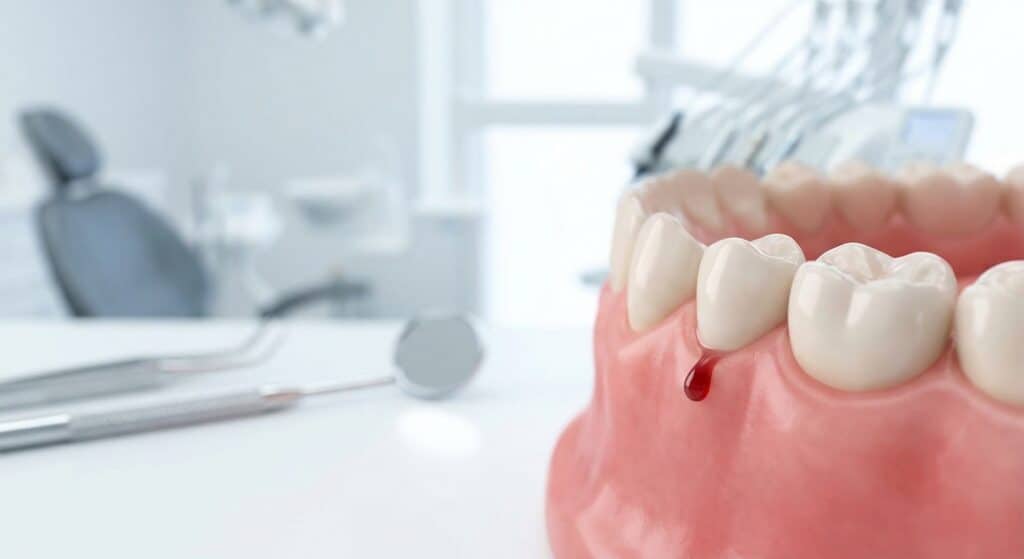 Dental implant in upper jaw with visible screw placement.