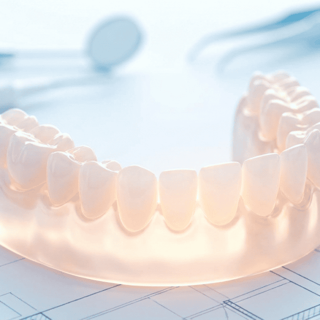 Dental prosthetic model showing a full set of upper teeth on a dental blueprint background.