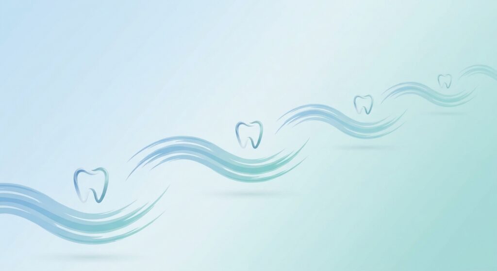 Dental health illustration with water waves and tooth symbols emphasizing oral care.