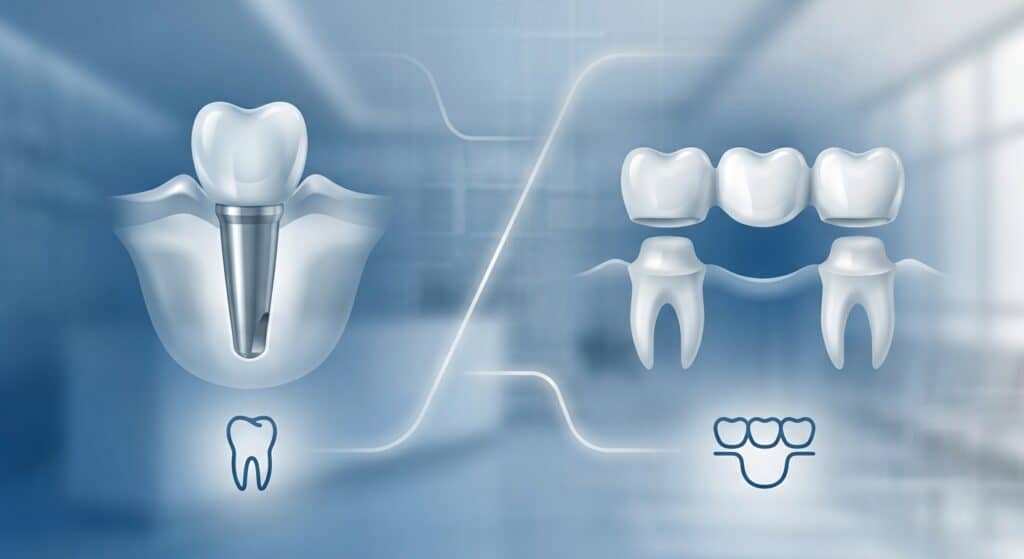 Digital illustration of a dental implant with a crown and bridge, showing the implant post, abutment, and artificial teeth for tooth replacement.