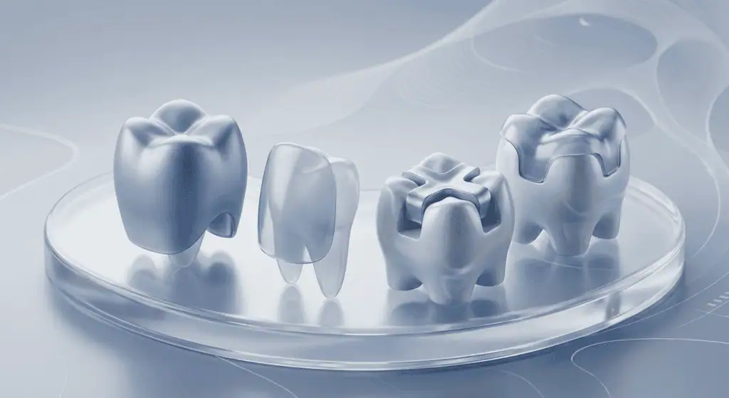 Dental implant process with tooth, abutment, and crown components.