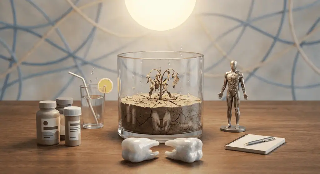 Laboratory setup with a glass terrarium containing a young plant, scientific models, and health supplements on a wooden table, illustrating botanical research and scientific innovation.